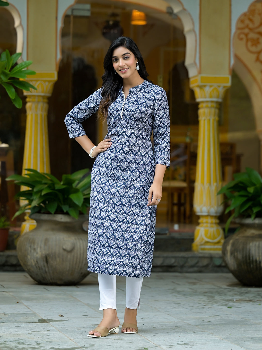 Navy Blue Mughal Motif Kurtain Muslin with Lace detail - Elganza