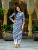 Navy Blue Mughal Motif Kurtain Muslin with Lace detail - Elganza