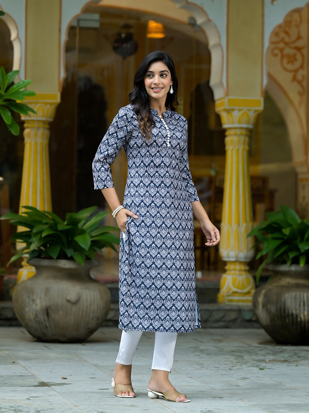 Navy Blue Mughal Motif Kurtain Muslin with Lace detail - Elganza