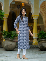 Navy Blue Mughal Motif Kurtain Muslin with Lace detail - Elganza