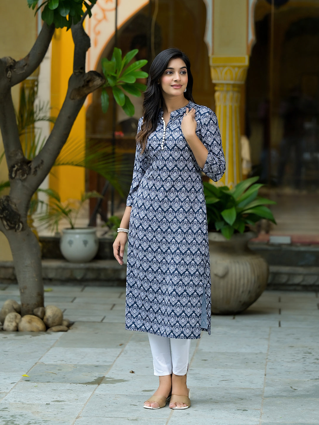 Navy Blue Mughal Motif Kurtain Muslin with Lace detail - Elganza