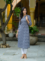 Navy Blue Mughal Motif Kurtain Muslin with Lace detail - Elganza