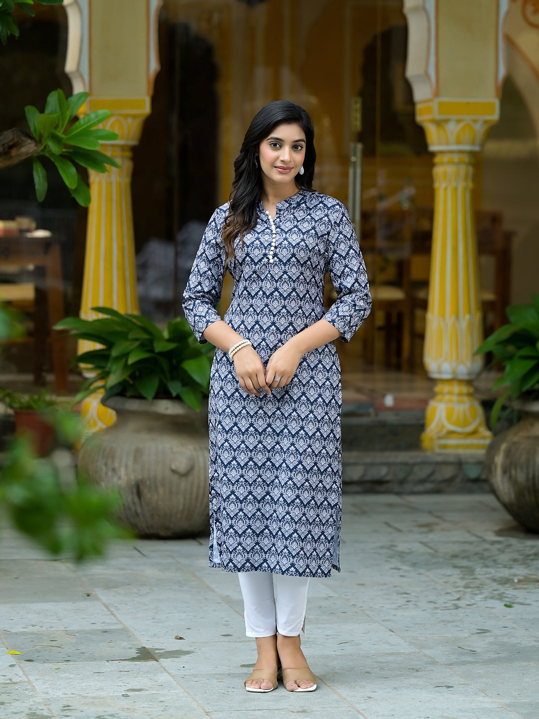 Navy Blue Mughal Motif Kurtain Muslin with Lace detail - Elganza
