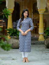 Navy Blue Mughal Motif Kurtain Muslin with Lace detail - Elganza