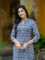 Navy Blue Mughal Motif Kurtain Muslin with Lace detail - Elganza