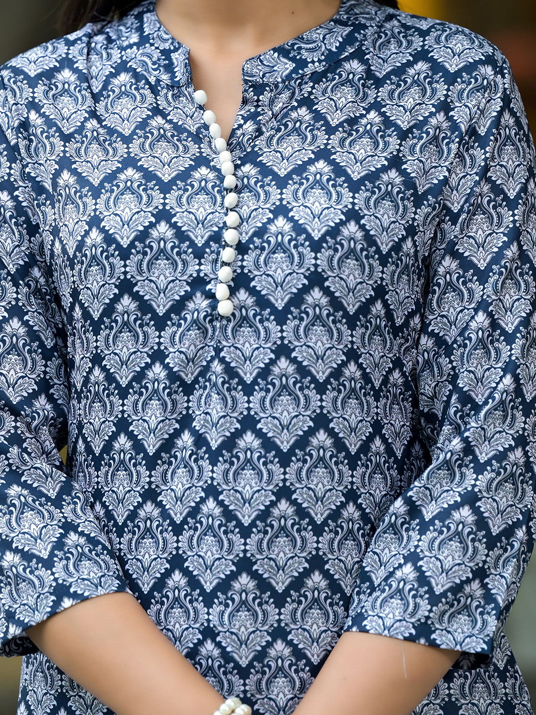 Navy Blue Mughal Motif Kurtain Muslin with Lace detail - Elganza