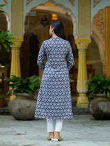 Navy Blue Mughal Motif Kurtain Muslin with Lace detail - Elganza