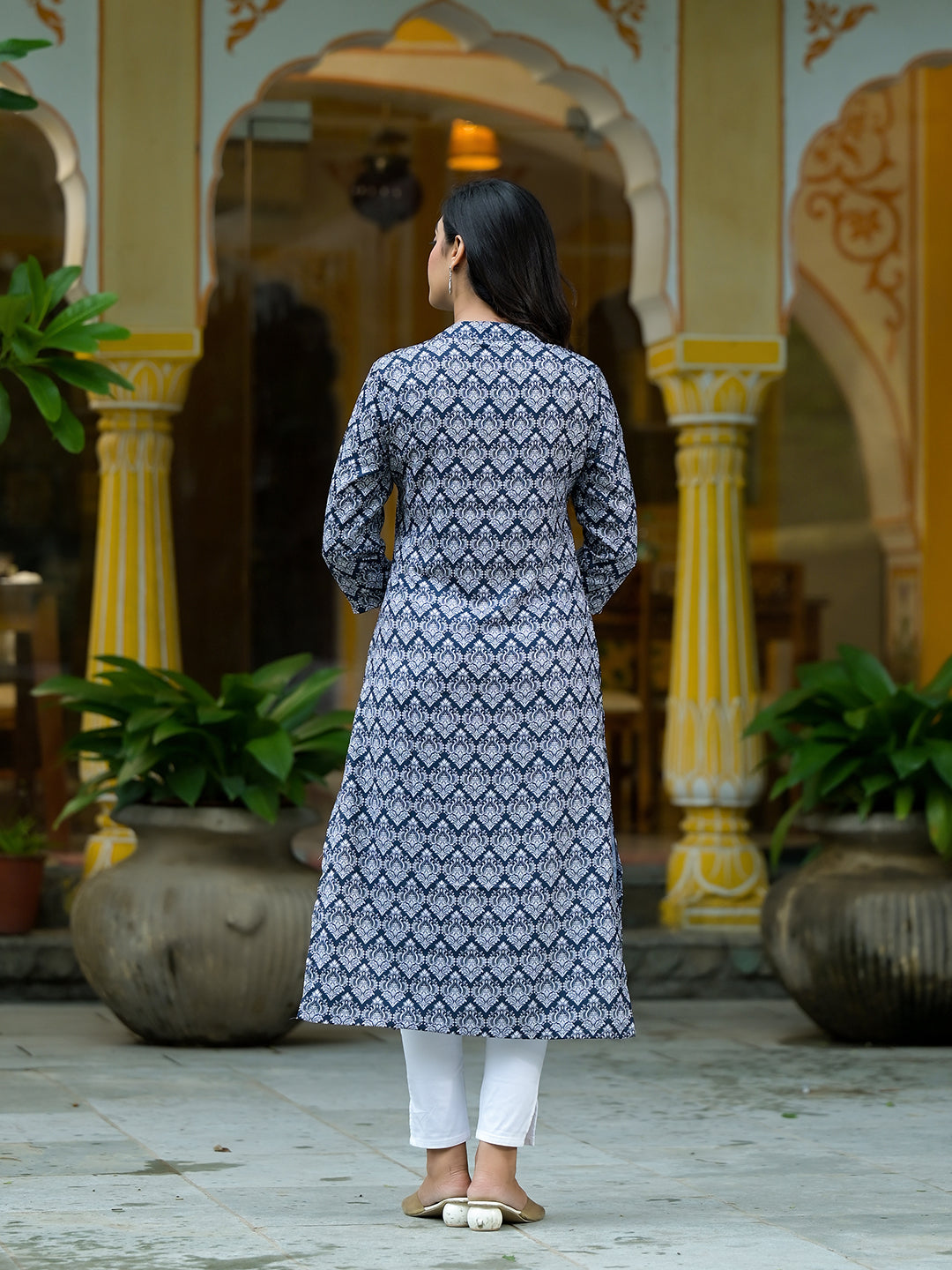Navy Blue Mughal Motif Kurtain Muslin with Lace detail - Elganza