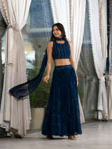 Blue Georgette Lehenga holi with Mirror Work - Elganza