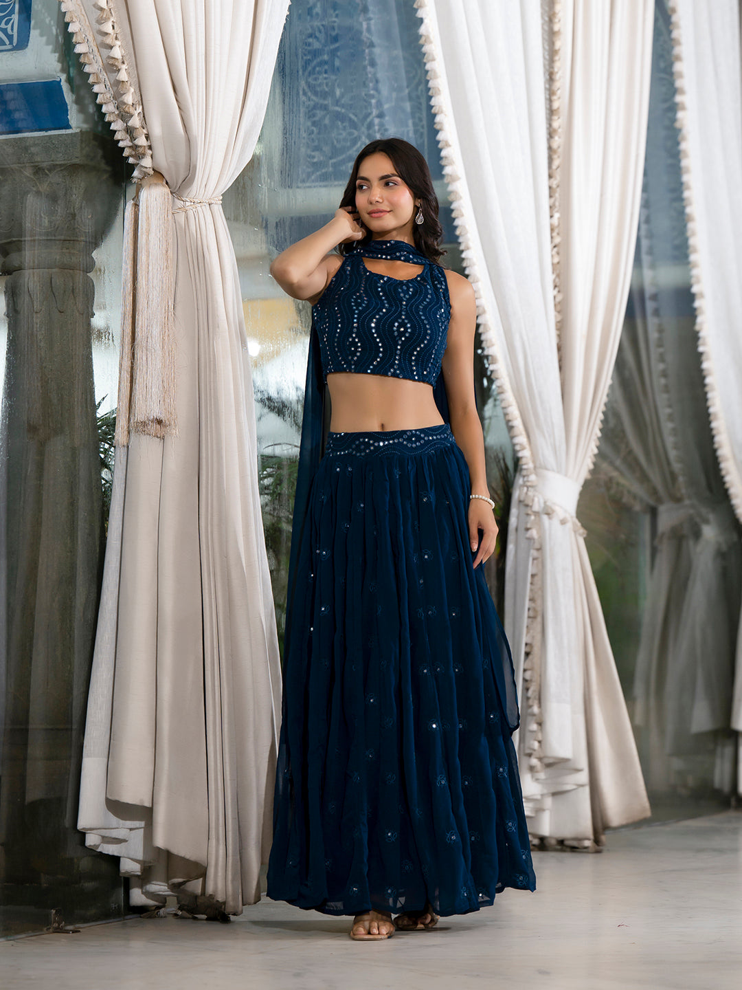 Blue Georgette Lehenga holi with Mirror Work - Elganza