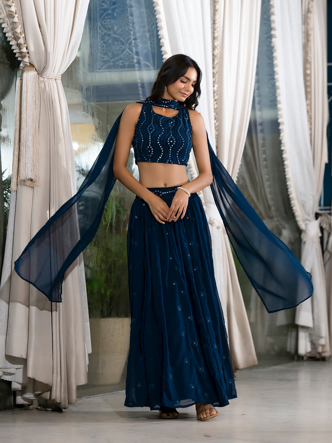 Blue Georgette Lehenga holi with Mirror Work - Elganza