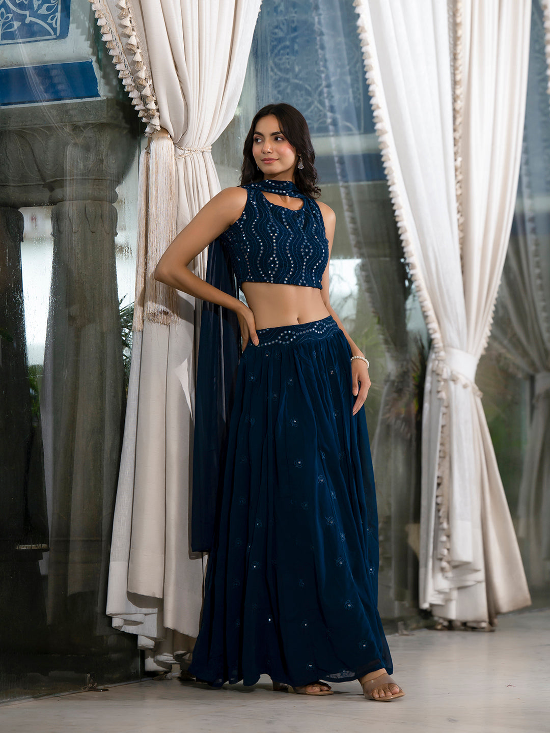 Blue Georgette Lehenga holi with Mirror Work - Elganza