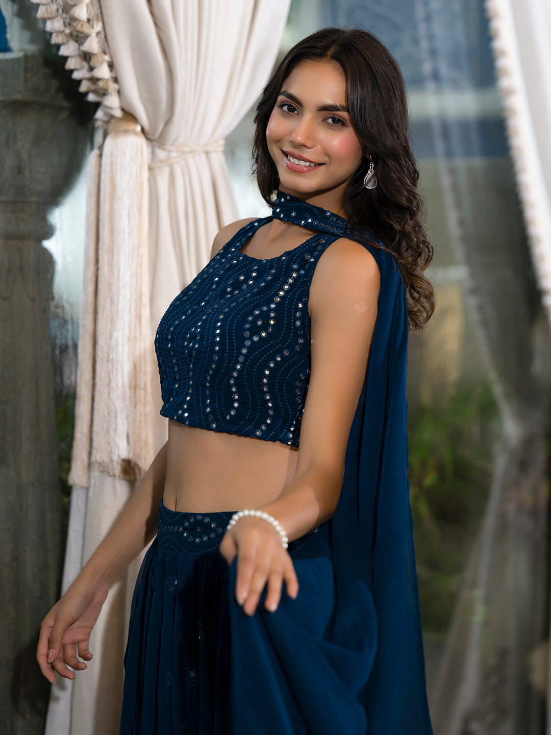 Blue Georgette Lehenga holi with Mirror Work - Elganza