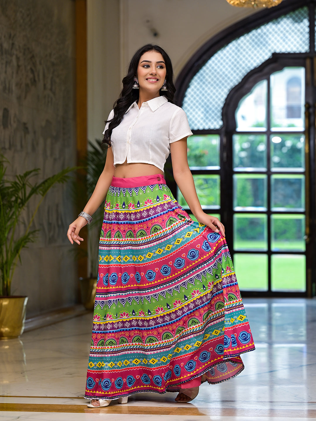 Multicolor printed skirt with White Top Co-Ord Set - Elganza