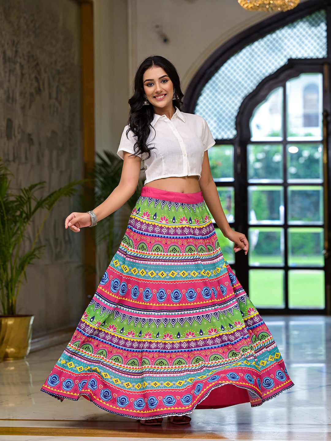 Multicolor printed skirt with White Top Co-Ord Set - Elganza