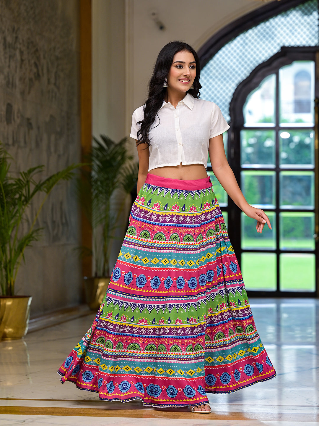Multicolor printed skirt with White Top Co-Ord Set - Elganza