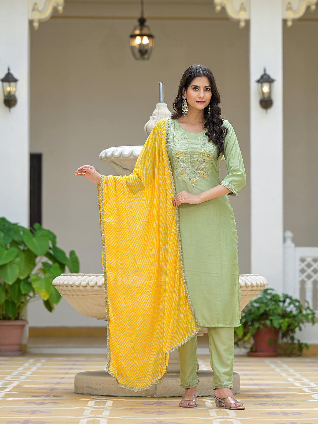 Mint Green Kurta Set with Yellow leheriya Dupatta - Elganza