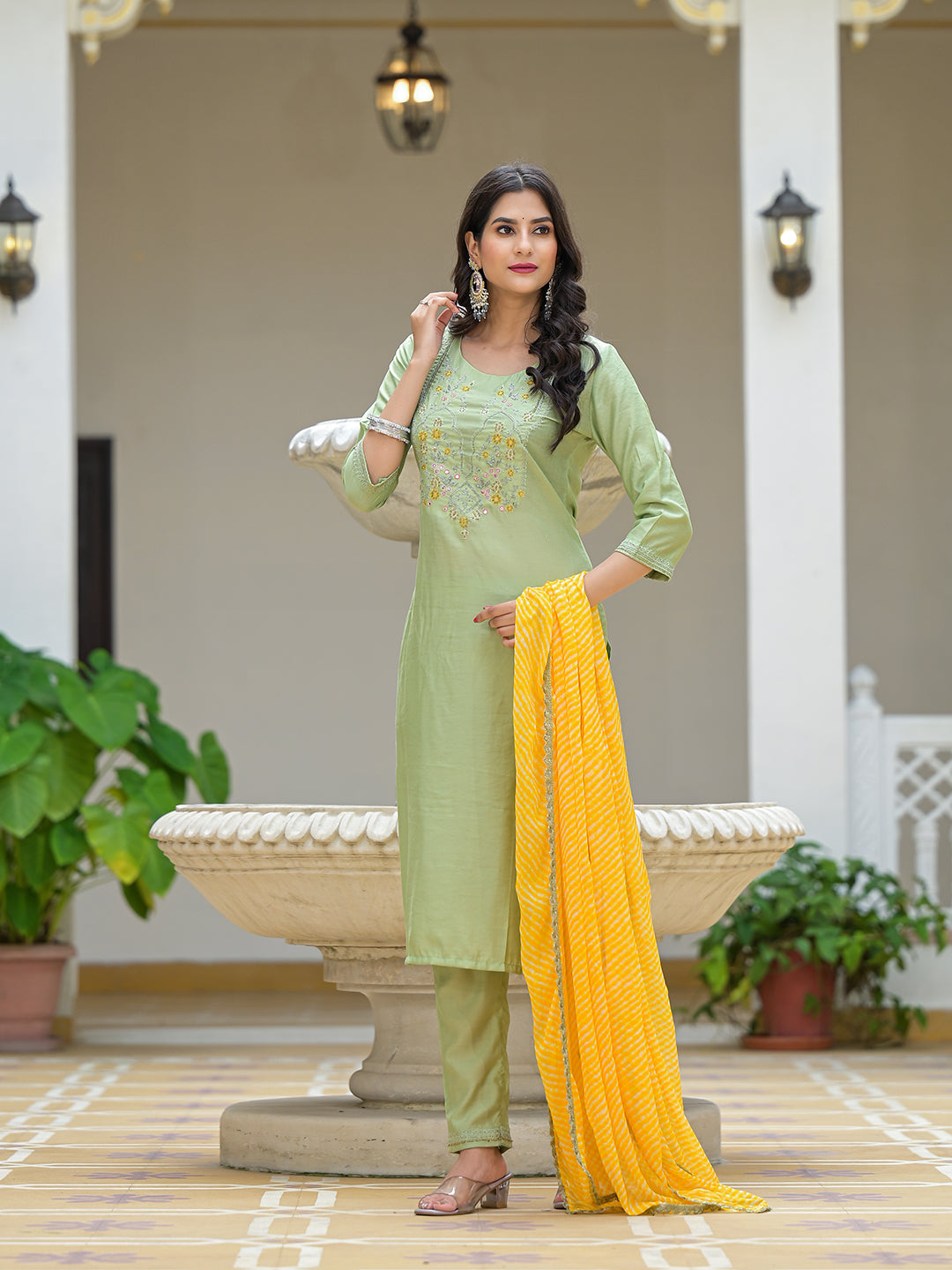 Mint Green Kurta Set with Yellow leheriya Dupatta - Elganza
