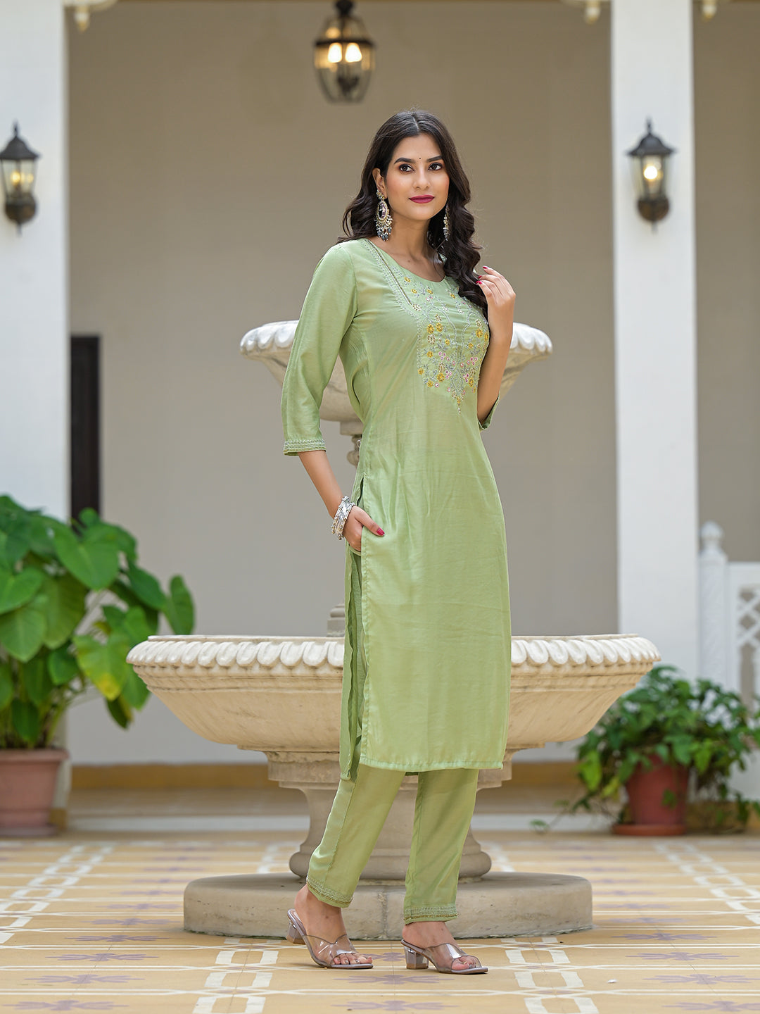 Mint Green Kurta Set with Yellow leheriya Dupatta - Elganza