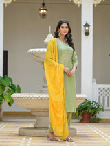 Mint Green Kurta Set with Yellow leheriya Dupatta - Elganza
