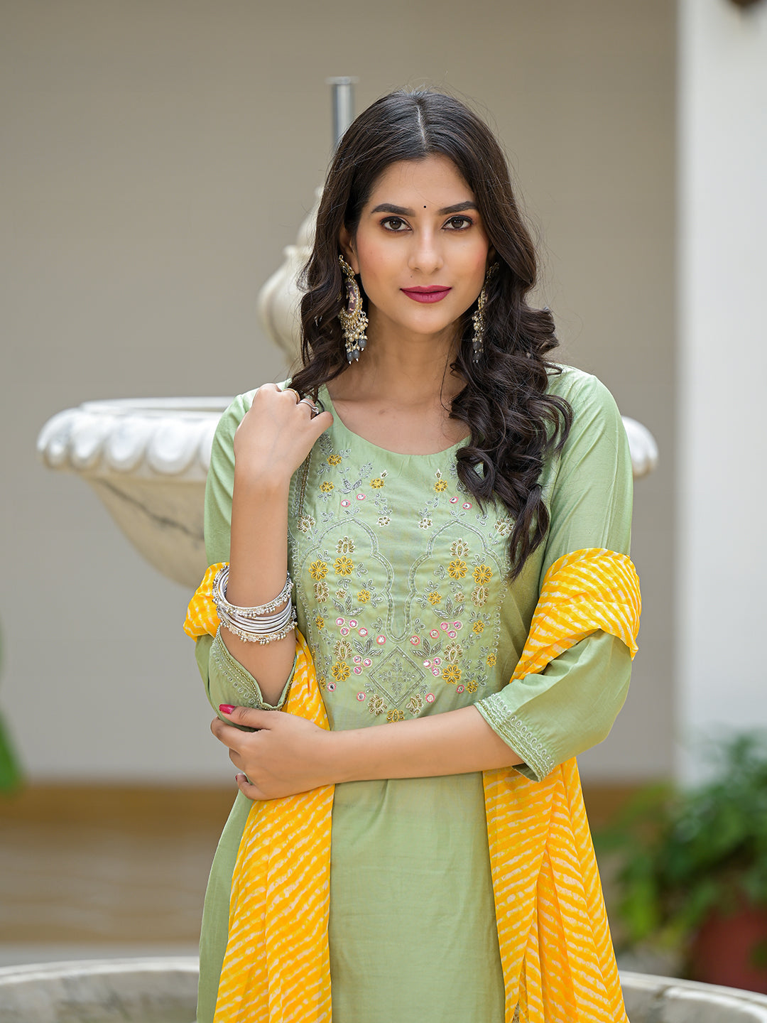 Mint Green Kurta Set with Yellow leheriya Dupatta - Elganza