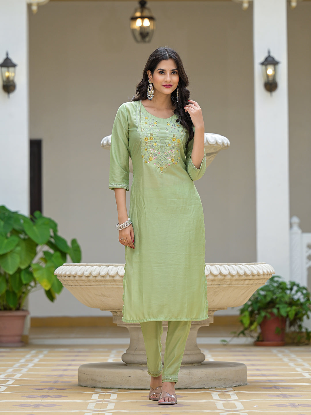 Mint Green Kurta Set with Yellow leheriya Dupatta - Elganza