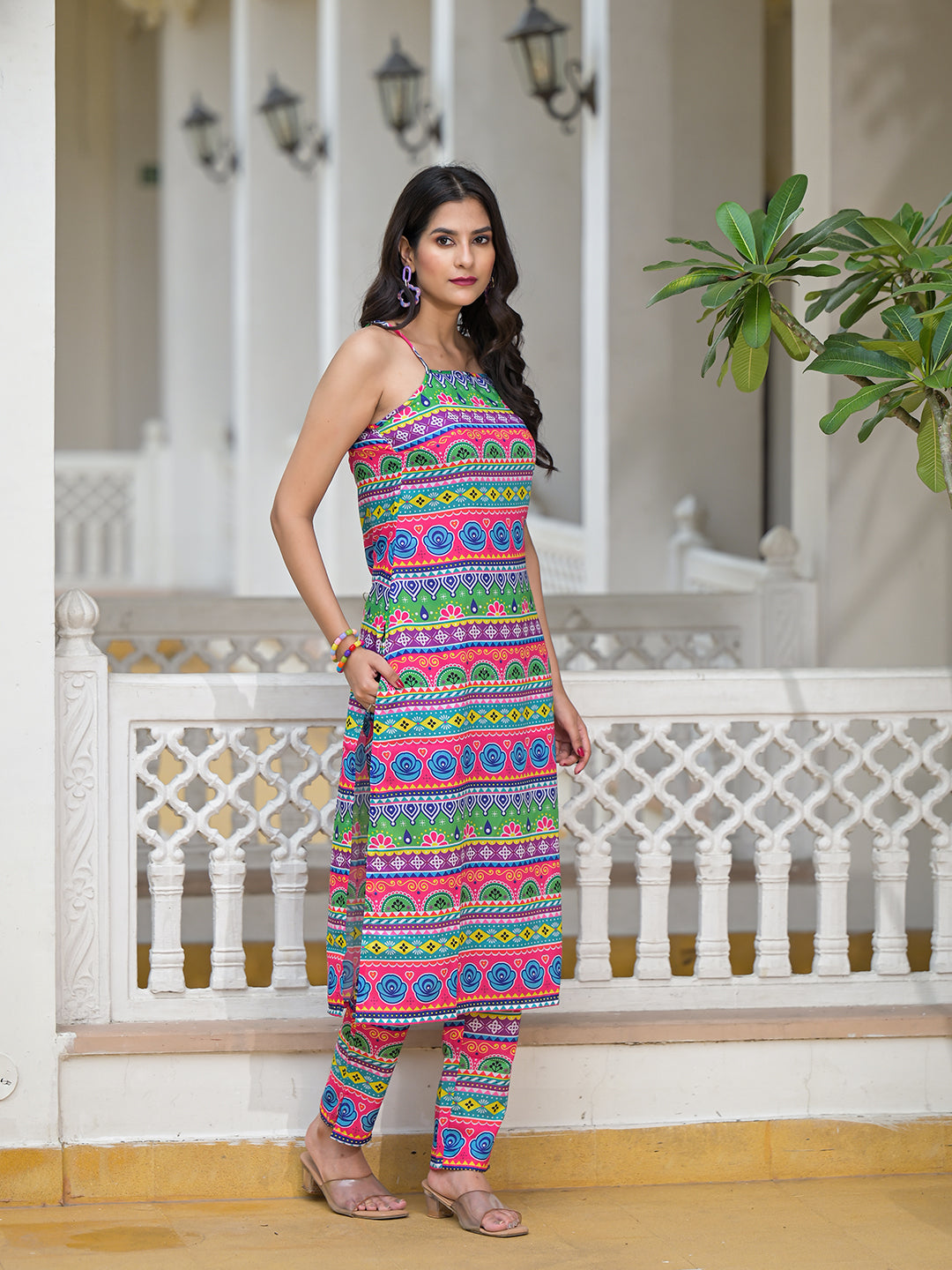 Multicolor Kurta Set with noodle Strap - Elganza