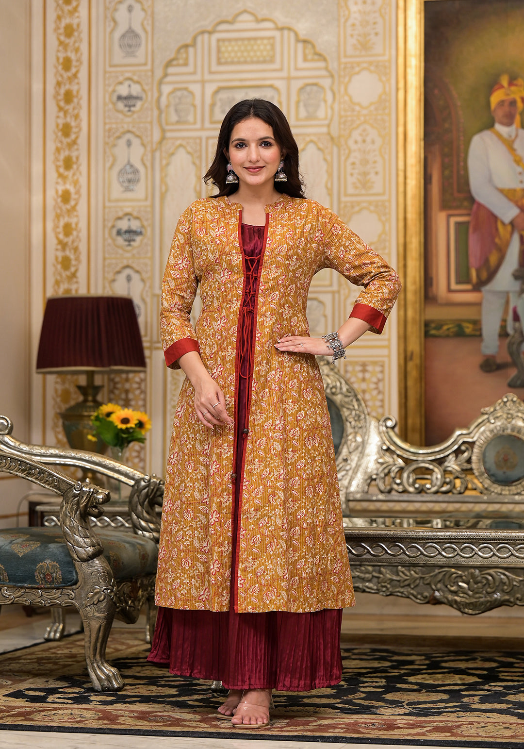 Mustard & Maroon jacket Dress - Elganza