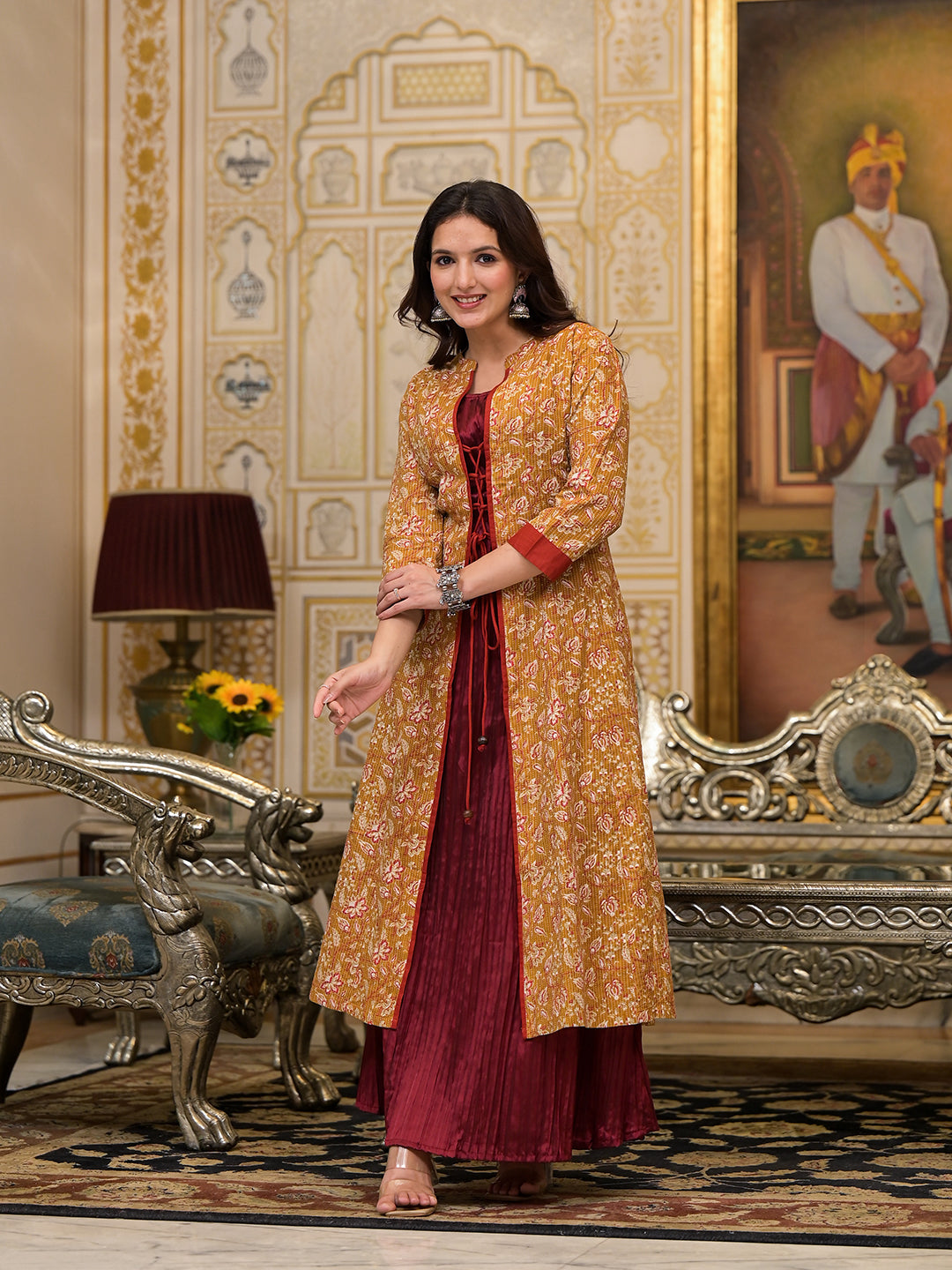 Mustard & Maroon jacket Dress - Elganza