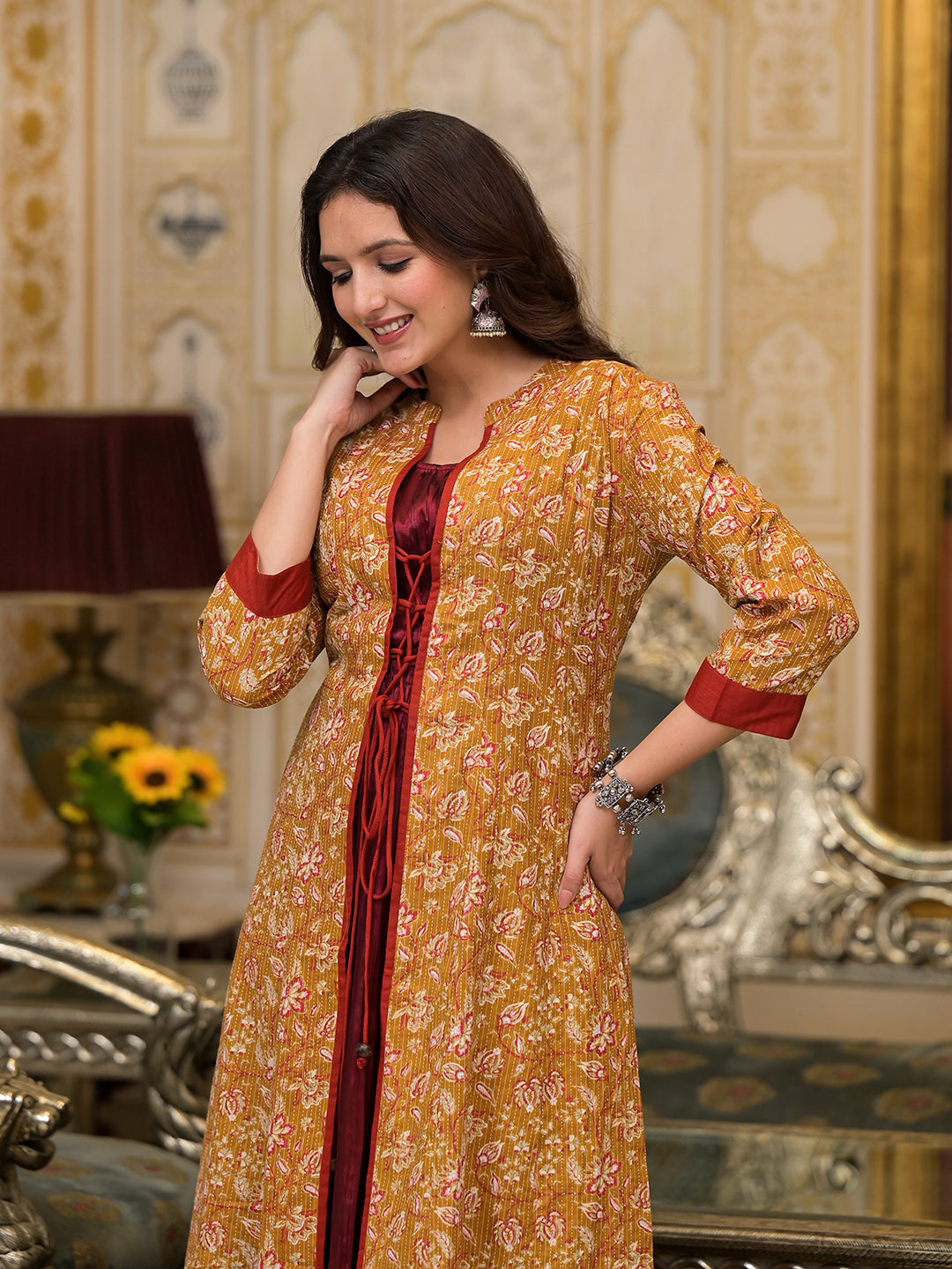 Mustard & Maroon jacket Dress - Elganza