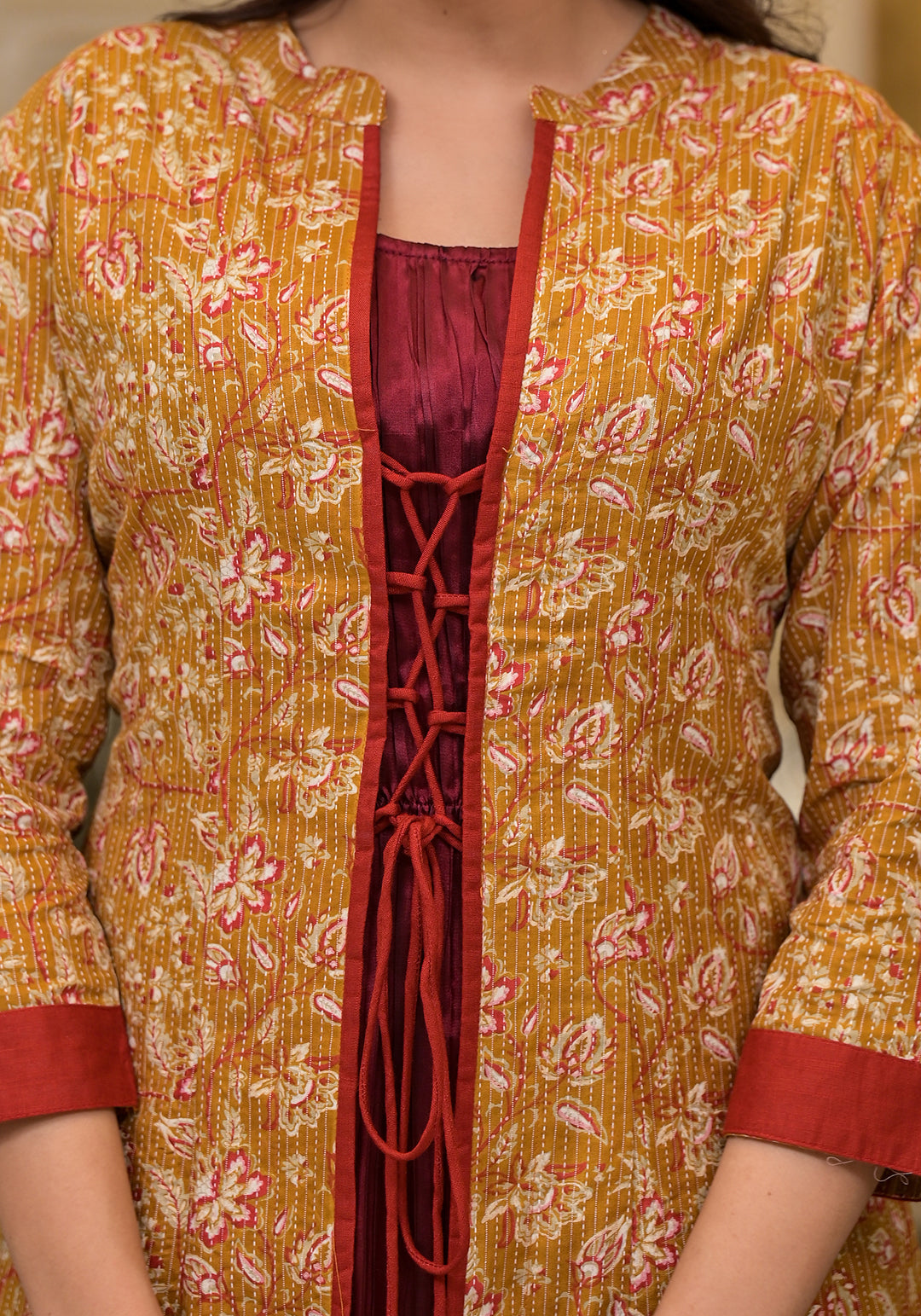 Mustard & Maroon jacket Dress - Elganza