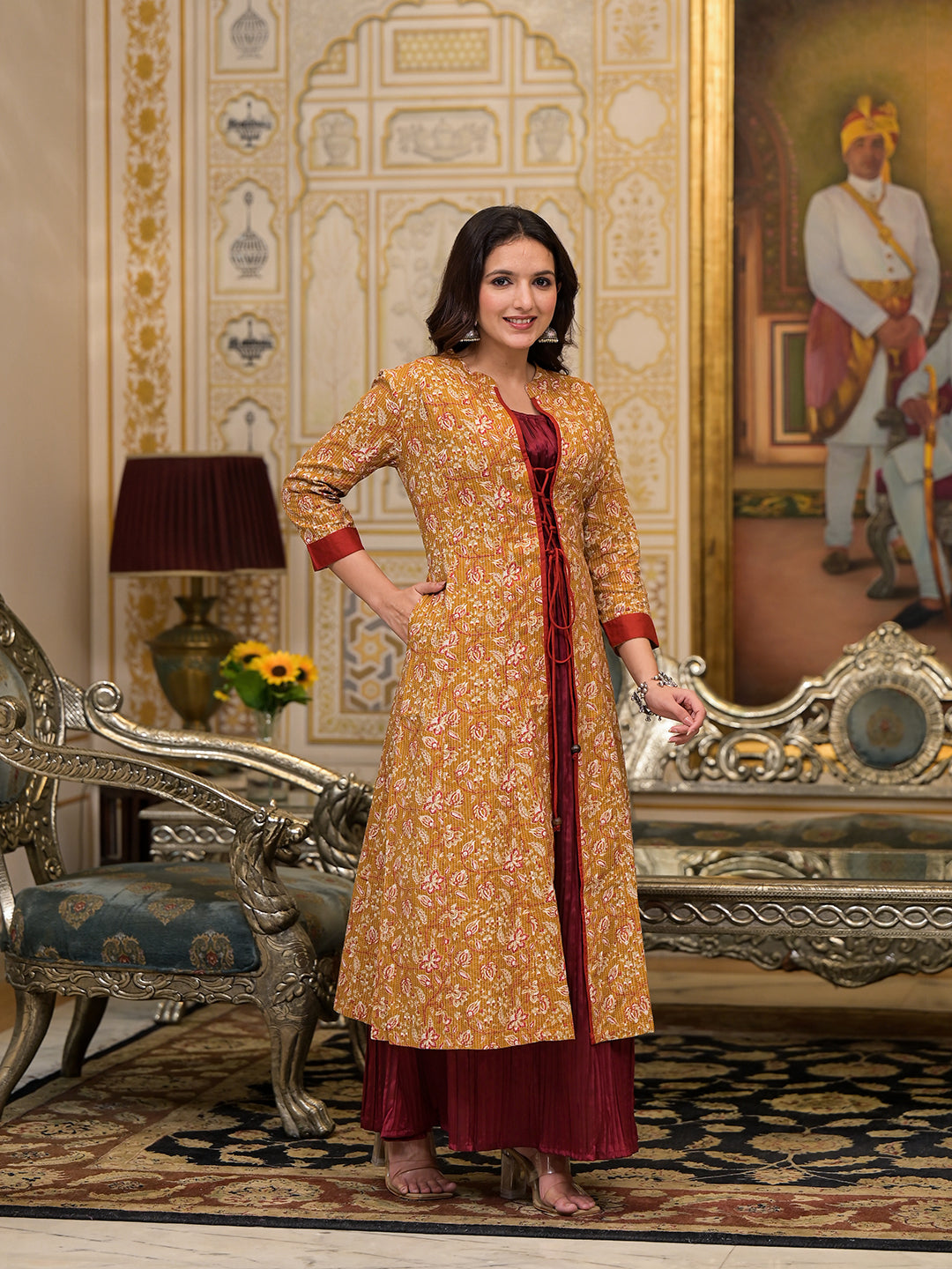 Mustard & Maroon jacket Dress - Elganza