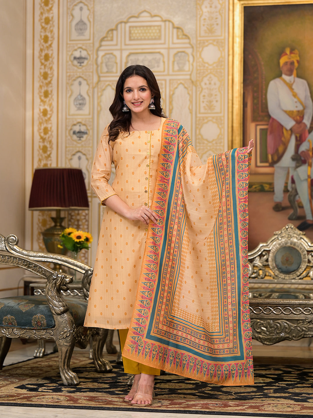 Cream Polka Dot A-Line Kurta Set - Elganza