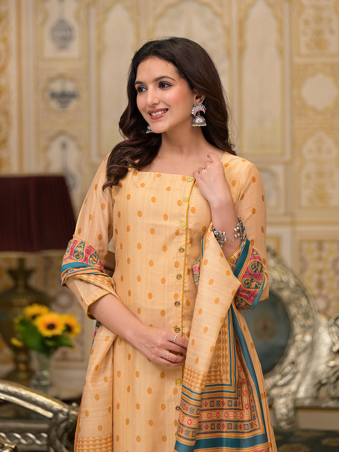 Cream Polka Dot A-Line Kurta Set - Elganza