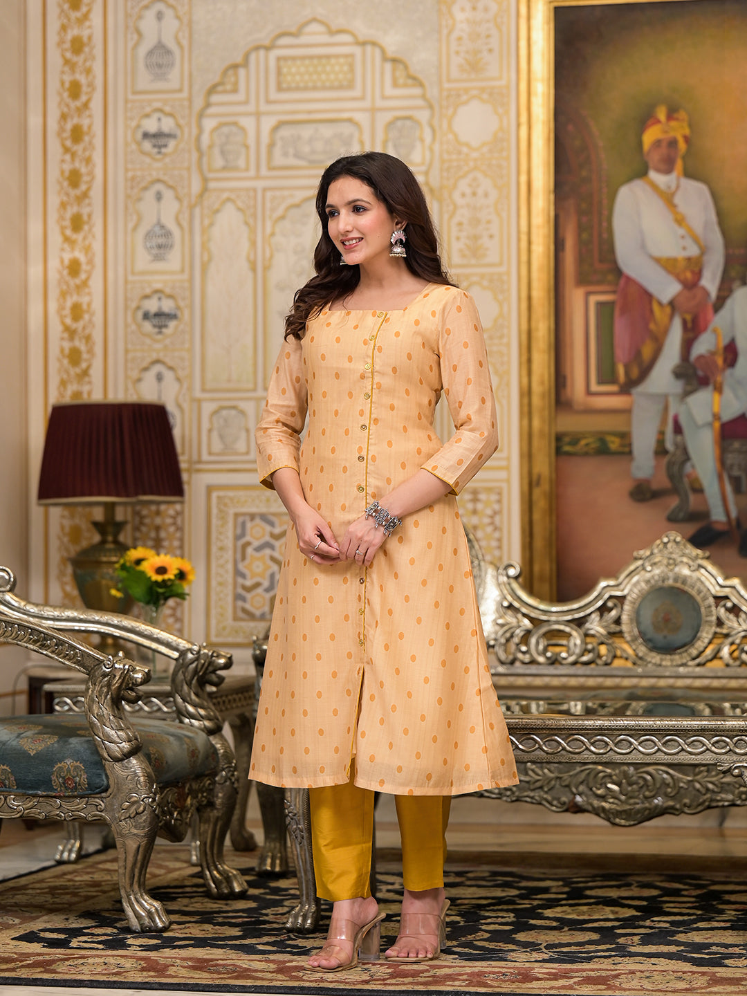 Cream Polka Dot A-Line Kurta Set - Elganza