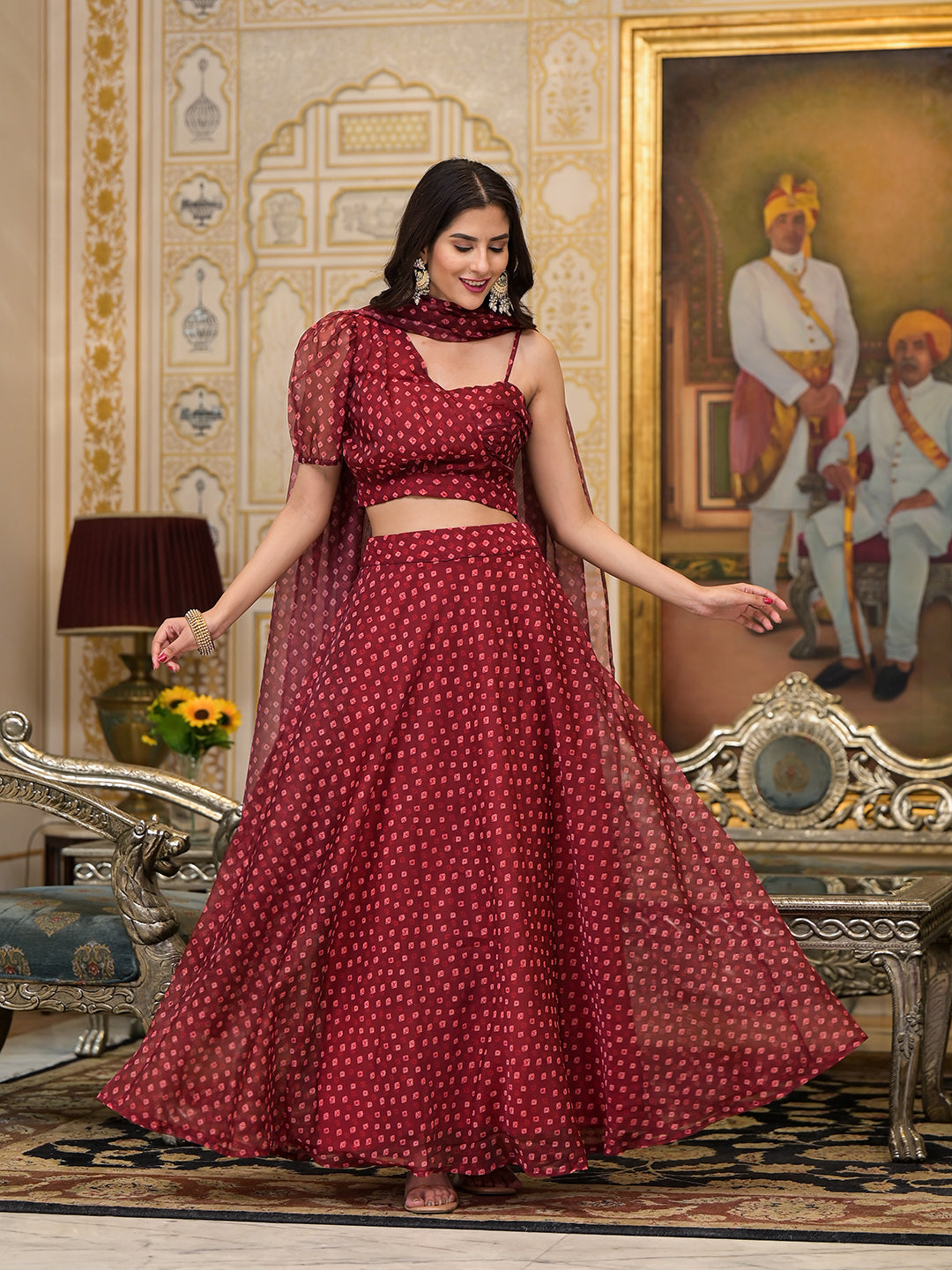 Maroon Bandhani Print Lehenga Choli - Elganza