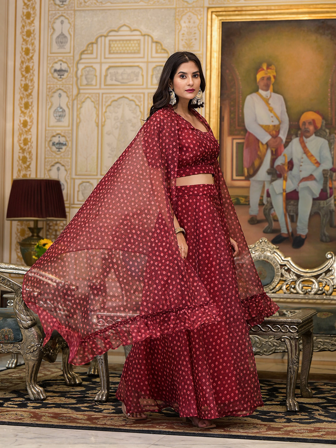 Maroon Bandhani Print Lehenga Choli - Elganza