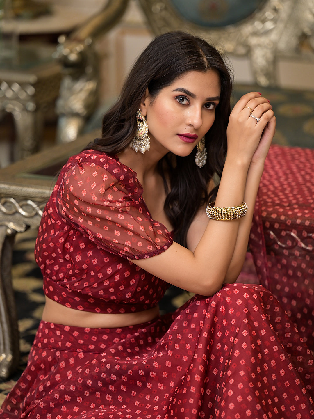 Maroon Bandhani Print Lehenga Choli - Elganza