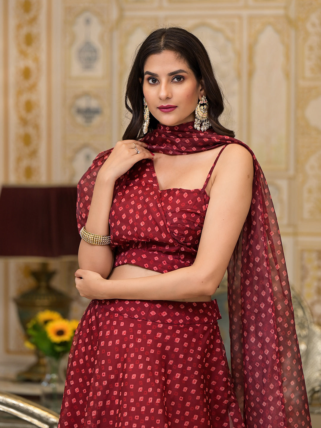 Maroon Bandhani Print Lehenga Choli - Elganza
