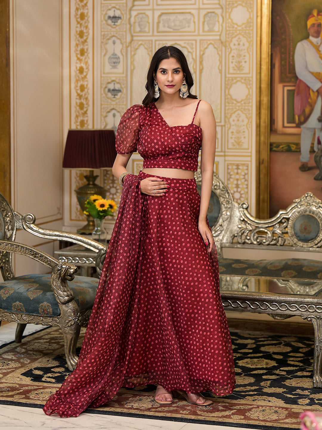 Maroon Bandhani Print Lehenga Choli - Elganza