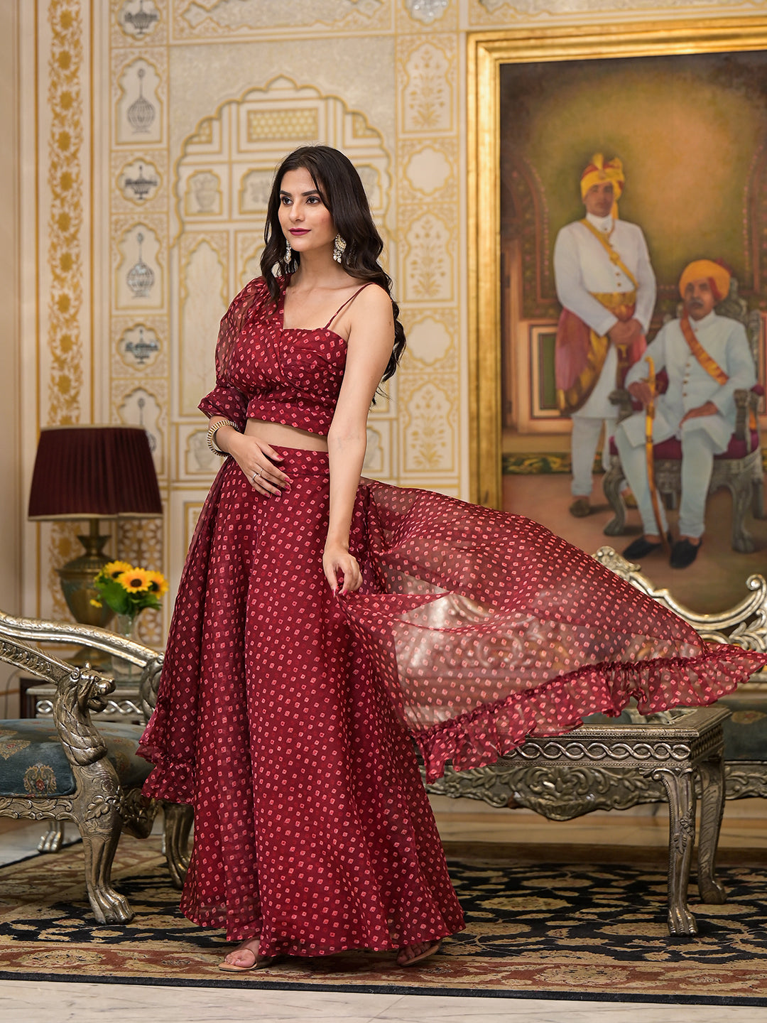 Maroon Bandhani Print Lehenga Choli - Elganza