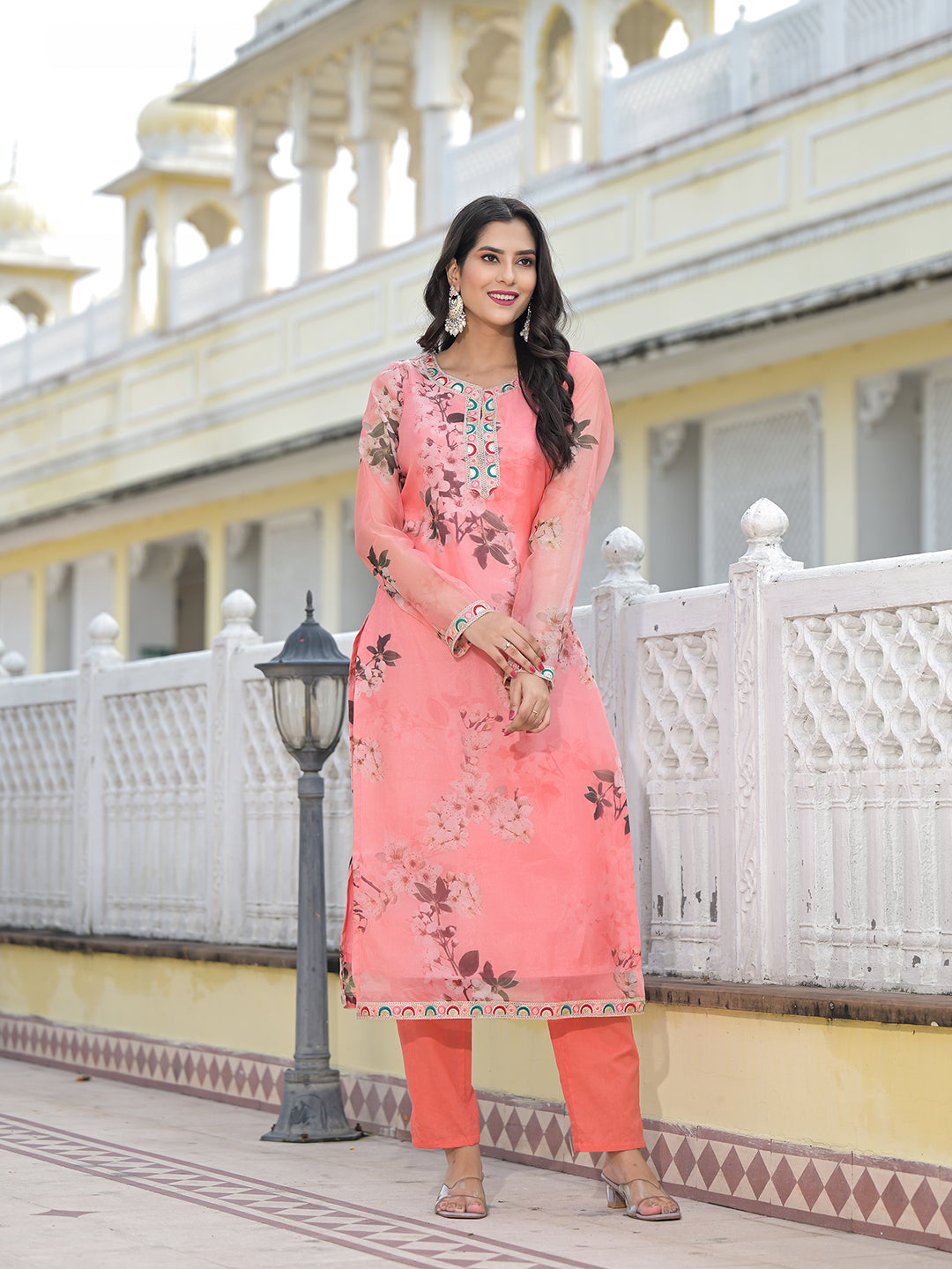 Peach Kurta Set with yoke design - Elganza