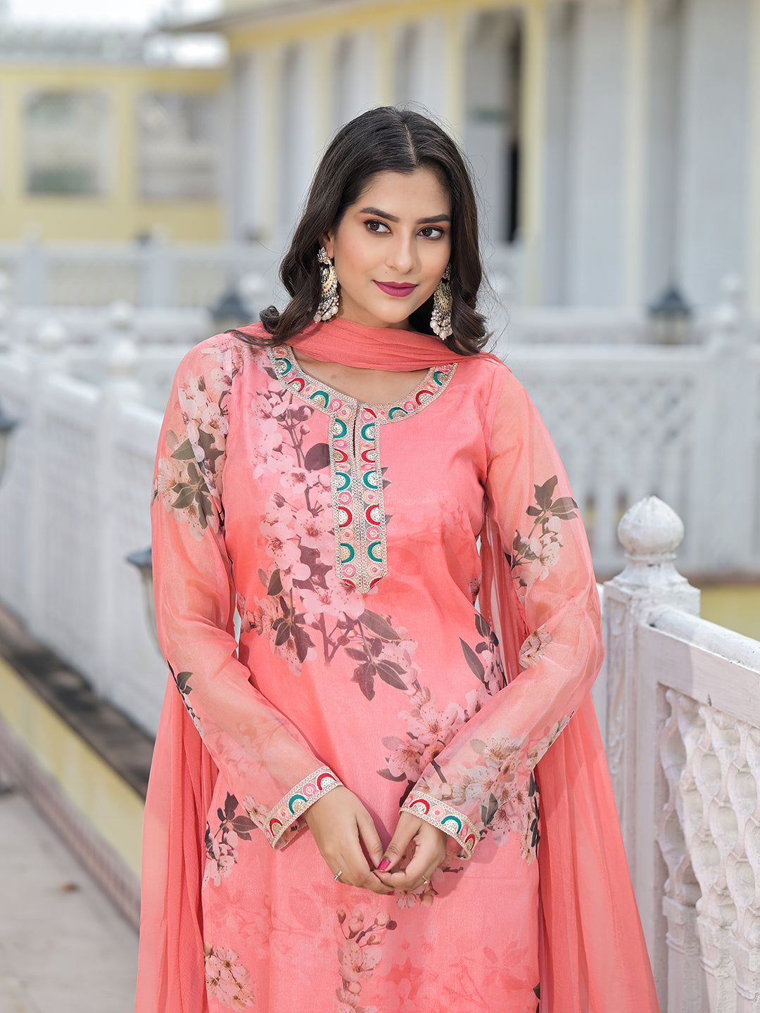 Peach Kurta Set with yoke design - Elganza