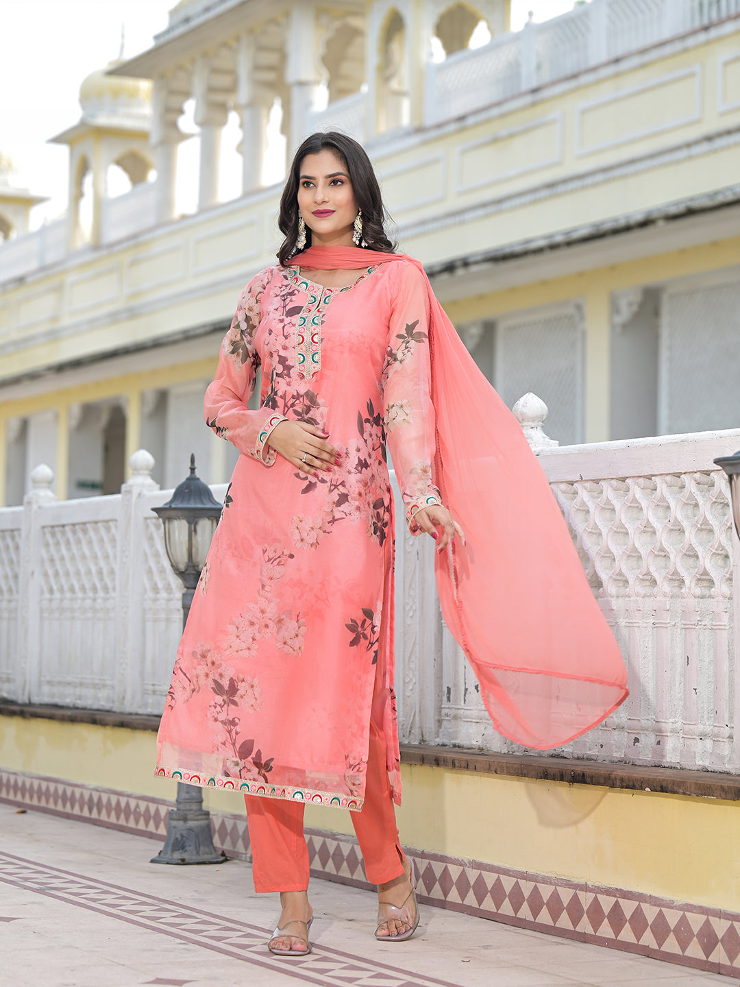 Peach Kurta Set with yoke design - Elganza