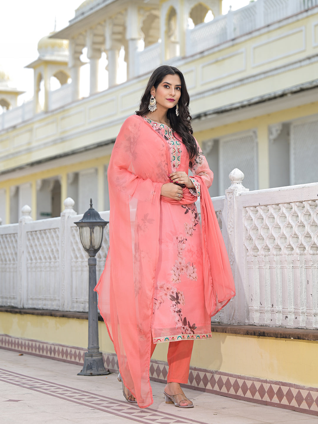 Peach Kurta Set with yoke design - Elganza
