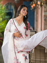 Cream Floral print Kurta Set with Dupatta - Elganza