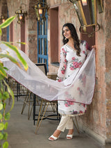 Cream Floral print Kurta Set with Dupatta - Elganza