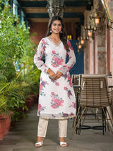 Cream Floral print Kurta Set with Dupatta - Elganza