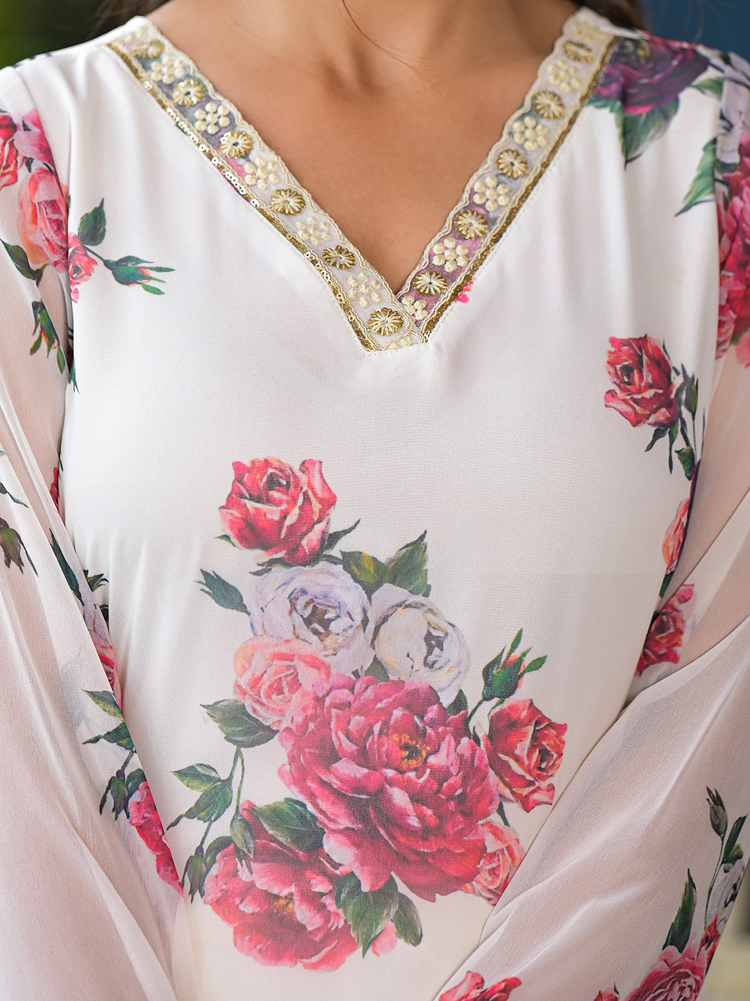 Cream Floral print Kurta Set with Dupatta - Elganza