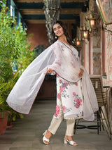 Cream Floral print Kurta Set with Dupatta - Elganza